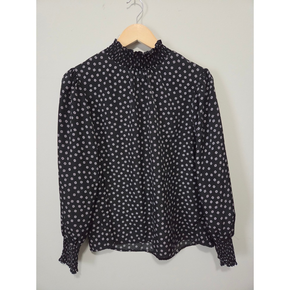 Sanctua Womens Black White Daisy Floral Smocked Mock Neck Blouse XB1452H1R M